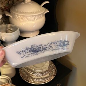 Vintage Glasbake Currier and Ives Milk Glass Divided Dish